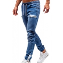 Fashionable Jeans Drawstring Waist Mid-Rise Zippered Detail Straight Jeans for Men