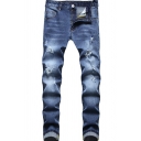 Fashionable Mens Jeans Distressed Washing Effect Zipper Fly Full Length Straight Jeans