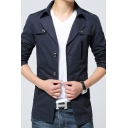 Mens Casual Trench Coat Solid Color Button-Up Pocket Detail Notched Collar Long-Sleeved Slim Fit Trench Coat