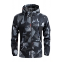 Mens Sporty Jacket Camo Printed Long Sleeve Drawstring Detail Zip-up Fitted Hooded Jacket