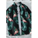 Casual Shirt Tropical Plant Leaf Printed Button-up Turn-down Collar Short Sleeves Loose Fitted Shirt for Men