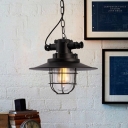 Black Metal Cage Industrial Living Room Pendant Clear Glass Shade 1-Bulb Hanging Lamp
