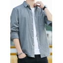 Leisure Men's Shirt Plain Chest Pocket Long-Sleeved Turn-down Collar Button-up Loose Fitted Shirt Top