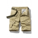 Leisure Shorts Flap Pockets Mid Rise Solid Color Zip Closure Cargo Shorts for Men