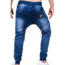 Chic Mens Jeans Drawstring Mid-Rise Side Zip Detail Button Decoration Straight Jeans