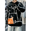 Street Style Sweater Cartoon Cat Print Long Sleeve Round Neck Relaxed Knitted Pullover for Guys