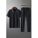 Men Casual Set Plain Two Buttons Short Sleeve Lapel Polo Drawstring Zip Pockets Long Pants Two Piece Set
