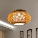1 Light Bamboo Ceiling Mount Light Fixture Asia's Style Wood Lantern Close To Ceiling Lamp