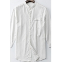 Men Elegant Shirt Stripe Print Stand Collar 3/4 Sleeve Chest Pocket Button-down Slim Fitted Shirt Top