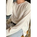Popular Knitwear Solid Long Sleeves Round Neck Loose Fitted Pullover Knitwear in White for Boys