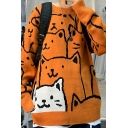 Fancy Sweater Cartoon Cat Print Long Sleeves Round Neck Loose Fit Knit Pullover Sweater for Teenagers