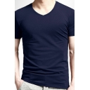 Basic T-Shirt Solid V-Neck Short Sleeves Fitted T-Shirt for Men