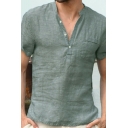 Leisure Henley Shirt Solid Color Pocket Embellished Short Sleeves Baggy Shirt for Men