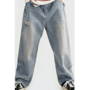 Casual Mens Jeans Mid Rise Distressed Effect Zip Placket Straight-Leg Jeans