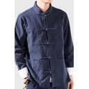Simple Mens Pure Color Jacket Stand Collar Long Sleeve Button Closure Split Bottom Relaxed Fit Coat