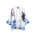 Creative Mens Coat Chinese Style Fish Printed 3/4 Sleeves Open Front Relaxed Fit Coat