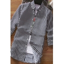 Modern Shirt Stripe Printed Button down Collar 3/4 Sleeve Button Closure Slim Fitted Shirt Top for Men