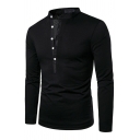 Men Basic Designed T-Shirt Solid Notch Collar Button Closure Long Sleeve Regular Fit T-Shirt