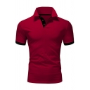 Dashing Polo Shirt Short Sleeve Patchwork Button Detail Turn down Collar Slim Fitted Polo Shirt for Men