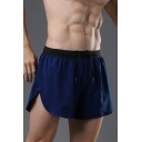 Men Boyish Shorts Plain Side Slit Elastic Drawstring Waist Regular Shorts