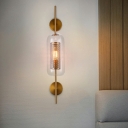 Oblong Clear Glass Wall Lamp Modern 1 Bulb Brass Sconce Lighting with Inner Mesh Cage for Bedroom