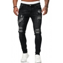 Men's Trendy Jeans Medium Wash Mid Rise Knee Broken Hole Slim Fit Full Length Jeans with Pockets