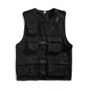 Stylish Mens Vest Solid Color Pocket Decorate Zipper Baggy Vest