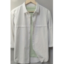 Simple White Shirt Stripe Pattern 3/4 Sleeve Point Collar Button Closure Fitted Shirt Top for Men