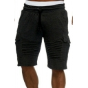 Casual Mens Pure Color Shorts Multi-Pocket Mid-Rised Drawstring Elastic Waist Straight Fit Cargo Shorts