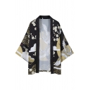 Chic Mens Coat Crane Printed 3/4 Sleeves Open Front Relaxed Fit Coat