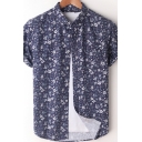 Guys Casual Shirt Floral Print Short Sleeve Button down Collar Single Breasted Loose Shirt Top in Blue