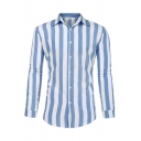 Men Classic Shirt Stripe Printed Button Design Turn-down Collar Long Sleeves Fitted Shirt
