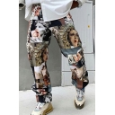 Chic Drawstring Mens Pants Human Pattern Mid Rise Pocket Detail Straight Loose Fit Pants