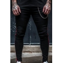 Mens Fashionable Jeans Side Contrast Chain Decoration Mid Waist Dark Wash Zip Placket Skinny-Fit Long Jeans