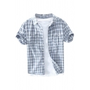 Men Popular Shirt Plaid Print Short-Sleeved Point Collar Button down Chest Pockets Loose Shirt Top