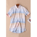 Unique Plaid Pattern Button down Collar Short-Sleeved Regular Fitted Button Shirt Top for Men