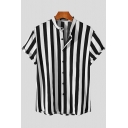 Guys Elegant Shirt Striped Print Button Up Short Sleeve Stand Neck Regular Fitted Shirt