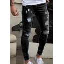 Stylish Jeans Ripped Patched Mid Rise Pockets Zipper Detail Fly Slim Fitted Long Length Jeans for Men