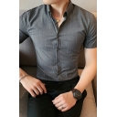Classic Men's Short Sleeve Stripe Print Button-down Collar Fitted Button Shirt Top