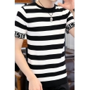 Guy's Popular Knitted Sweater Striped Pattern Knit Short Sleeve Crew Collar Regular Fitted Pullover Knitted Sweater