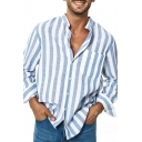 Stylish Guys Shirt Stripe Patterned Pocket Decorated Button Detail Collar Long-sleeved Baggy Shirt