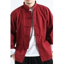 Dashing Mens Coat Pure Color Long-Sleeved Stand Collar Button down Loose Fit Coat with Pockets