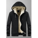 Guys Soft Coat Whole Colored Drawstring Hooded Zip Placket Pocket Fitted Coat