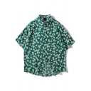 Fancy Shirts Flower Print Turn-Down Collar Short Sleeve Single Breasted Loose Shirts for Men