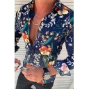 Men Casual Shirt Floral Printed Point Collar Long Sleeves Slim Fitted Button Closure Shirt Top