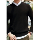 Men's Simple Pullover Solid Color Long Sleeve V-Neck Knitted Slim Pullover
