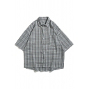 Guys Leisure Shirt Checked Pattern Point Collar Half Sleeve Single Breasted Chain Detailed Loose Shirt