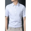 Classic Guys Shirt Plain Turn down Collar Short Sleeve Slim Fitted Button Shirt Top