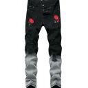 Street Style Guys Pants Floral Embroidery Pattern Pocket Designed Mid Rise Slim Fitted Zipper Pants
