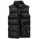 Guys Fancy Vest Pure Color Stand Collar Side Pocket Zip Decorate Regular Warm Vest in Black